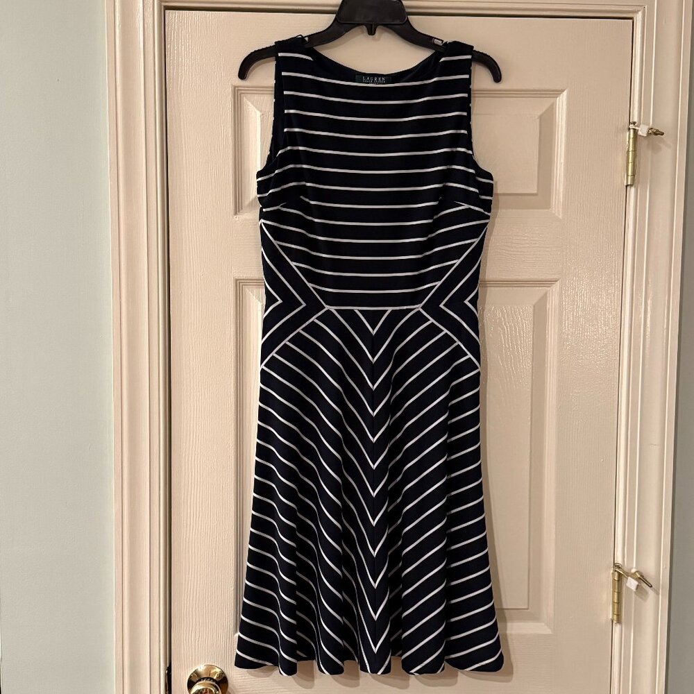 Lauren Ralph Lauren Blue and White Striped A-Line Midi Dress Sleeveless - Sz 10